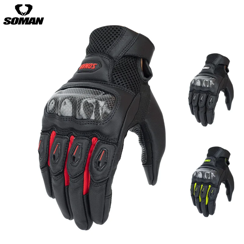 

SOMAN Genuine Leather Motorcycle Gloves Carbon Fiber Protection Shell Men Motorbike Riding Goat Leather Gloves Touch Screen Luva