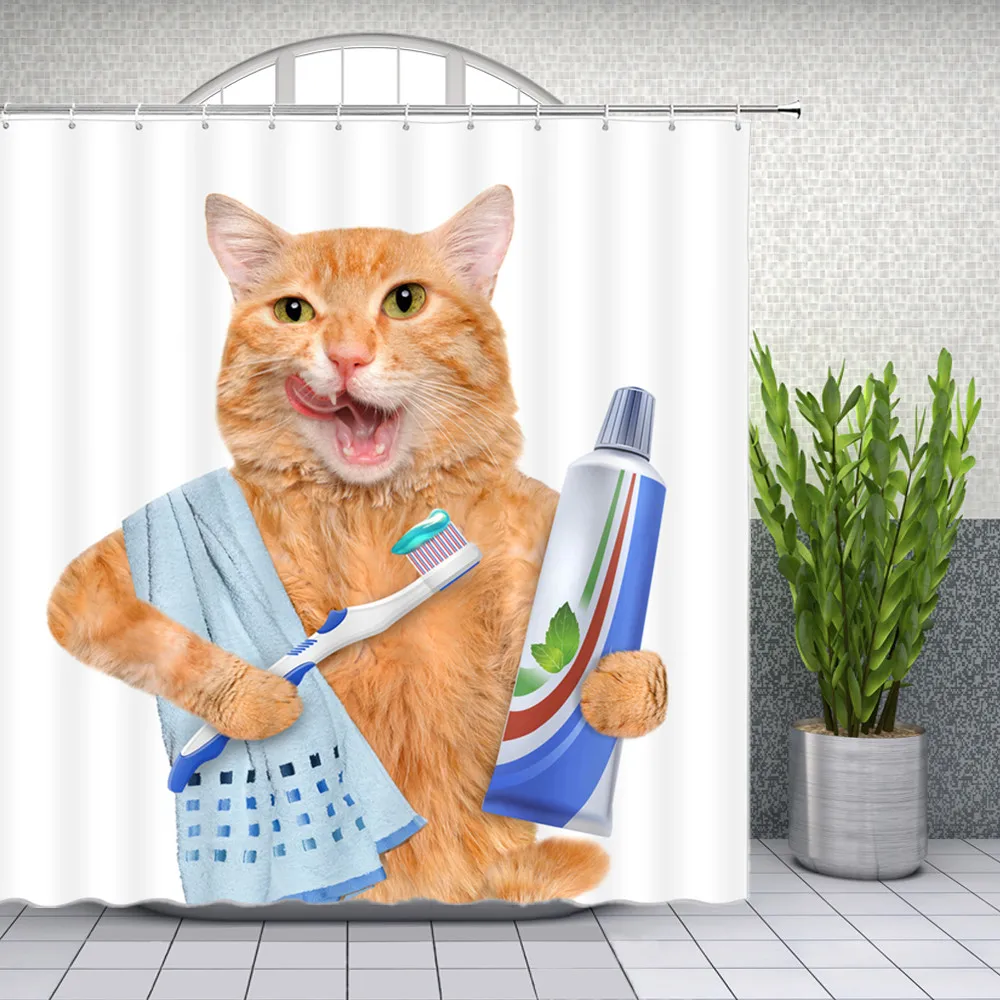 

Забавная душевая занавеска с животными, s украшение, милая домашняя кошка, декор для ванной комнаты, ткань для ванной из полиэстера, подвесная занавеска, набор с крючками