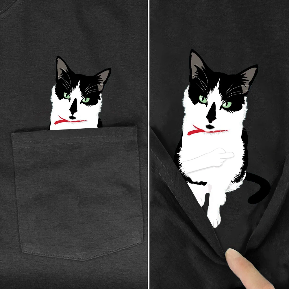 

CLOOCL New Fashion T-Shirt Animal Cats Middle Finger Pocket T-shirt Men's Women Shirts Hip Hop Tops Summer Cotton Tees XS-7XL