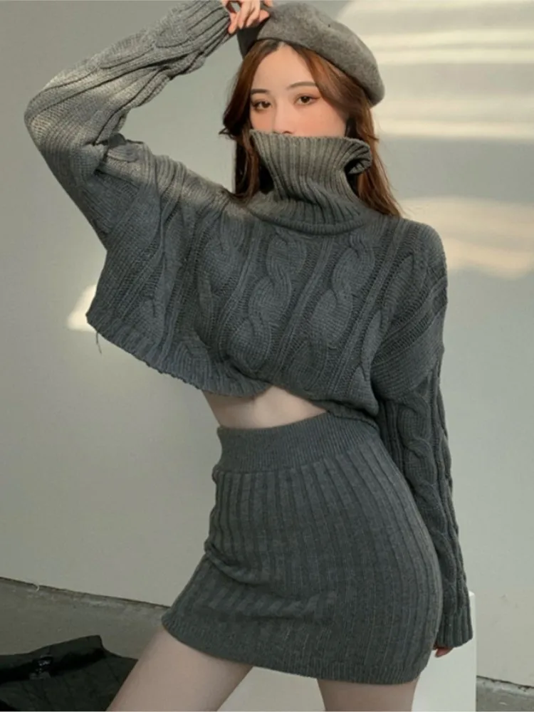 

Women's Autumn Sweater Knitted Skirt Suit Turtleneck Pullover Tops+Bodycon Skirt Two Piece Set Female Fashion Sexy Clothing