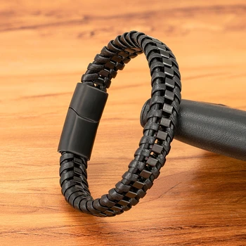 Black Leather Men Bracelets Punk Style 5