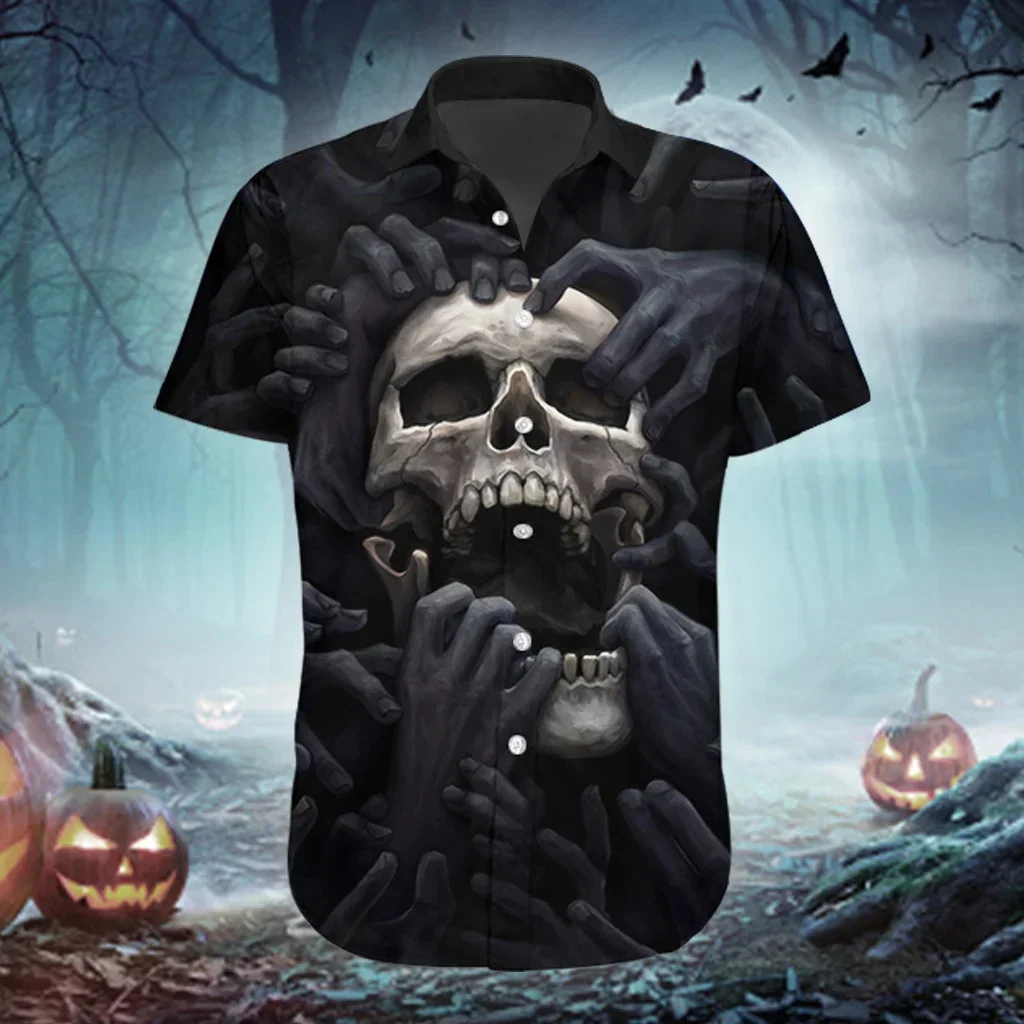 PLstar Cosmos Skull Pattern Черно-белая мужская гавайская рубашка с 3D принтом на Хэллоуин