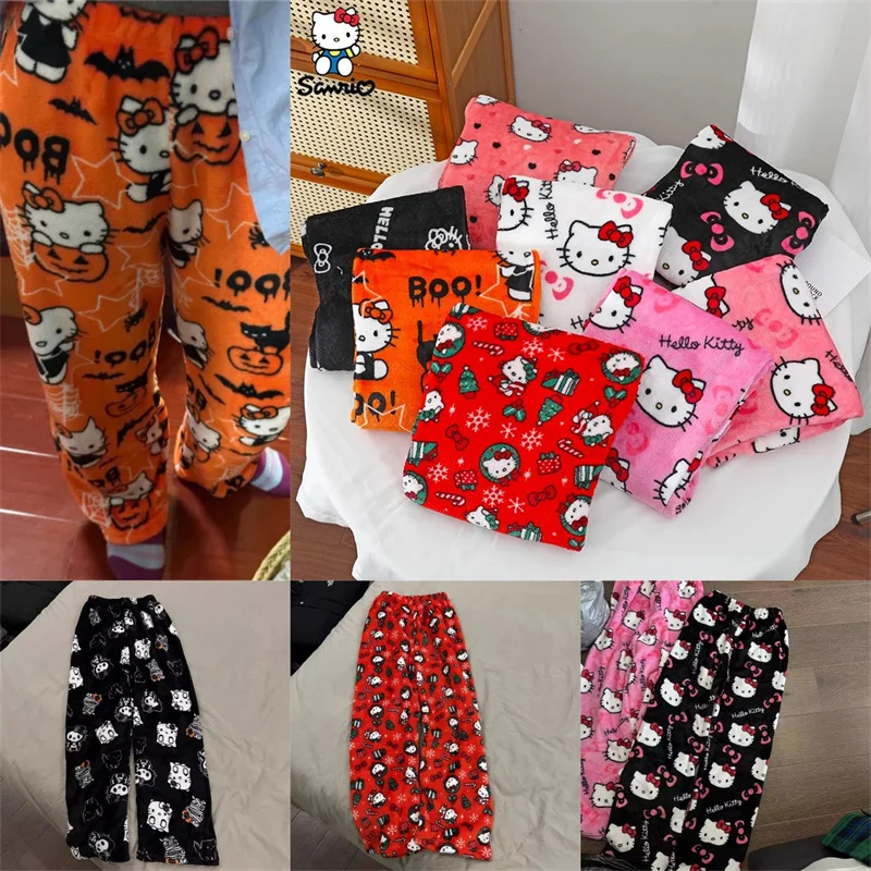 Штаны Hello Пижама Kitty на Хэллоуин Рождество фланелевые повседневные домашние