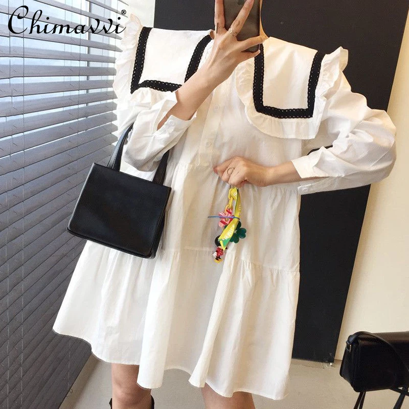 

Spring Kawaii Girl Lace Stitching Lady Contrast Color Dress Loose Long Sleeve Peter Pan Collar Short Dress for Women