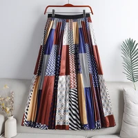 skirts womens 2022 new spring vintage all match patchwork woman skirt satin print a line pleated skirt faldas largas mujer