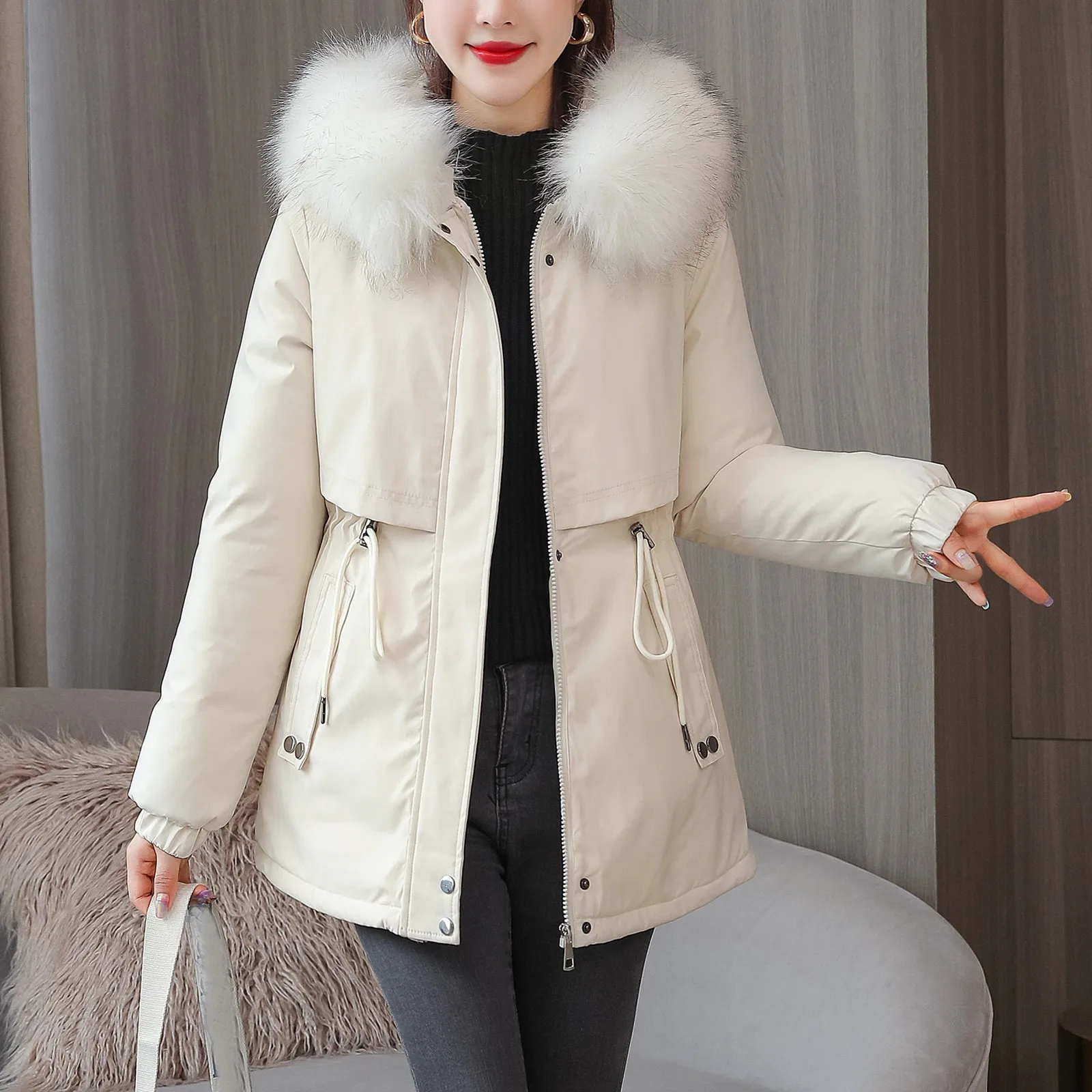 

Olive Puffy Jacket Cropped Back Jacket Women Fashion Outercoat Winter Hooded Cotton-padded Womens Long with Hood