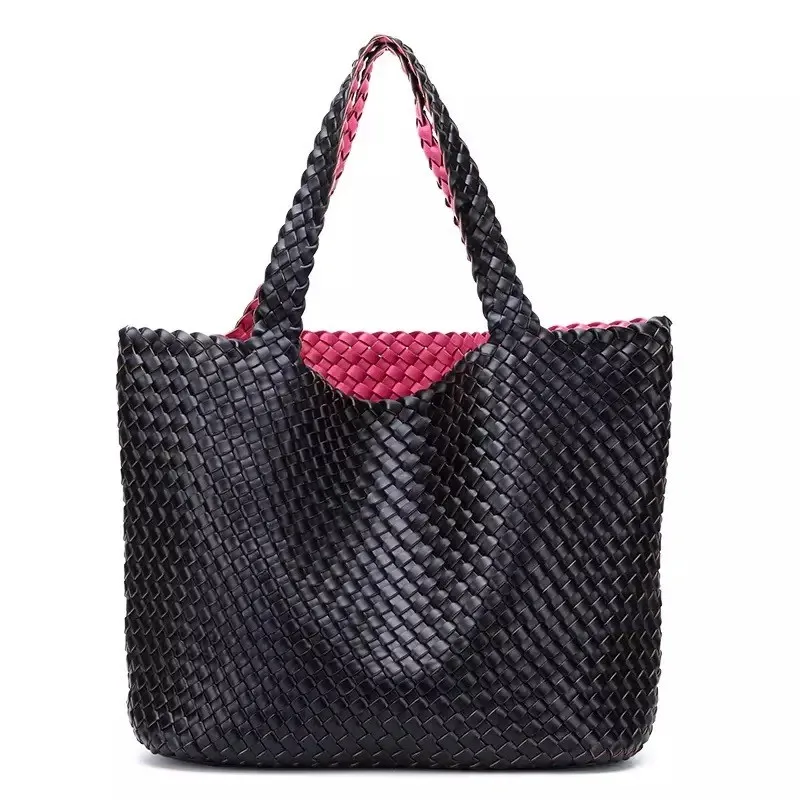 Women's Handbag PU Leather Woven Bag For Female Double Shoulder Bag Double-sided Two Color Two Purpose Large Capacity Bucket Bag