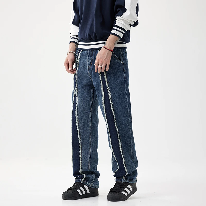 Уличные модные полосатые Сращенные мужские джинсы Y2K повседневные черные