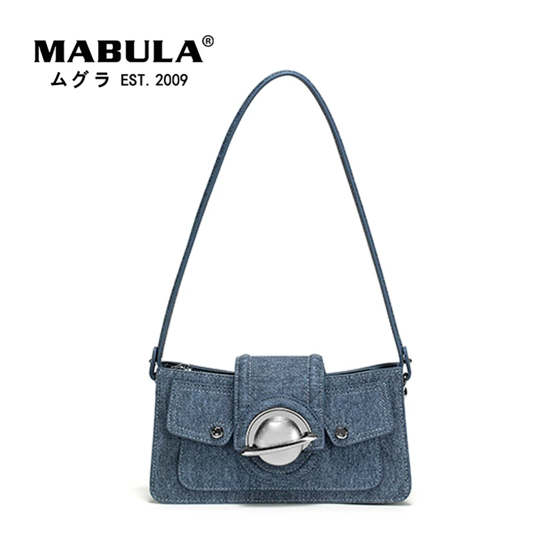 

MABULA Retro Denim Blue Underarm Shoulder Bag for Women Ziper Up Removable Strap Crossbody Purse Small Vintage Clutch Handbag