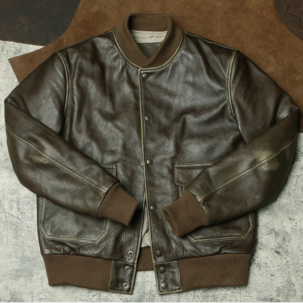 Мужская винтажная куртка в стиле ВВС оливково-зеленого цвета из коровьей кожи