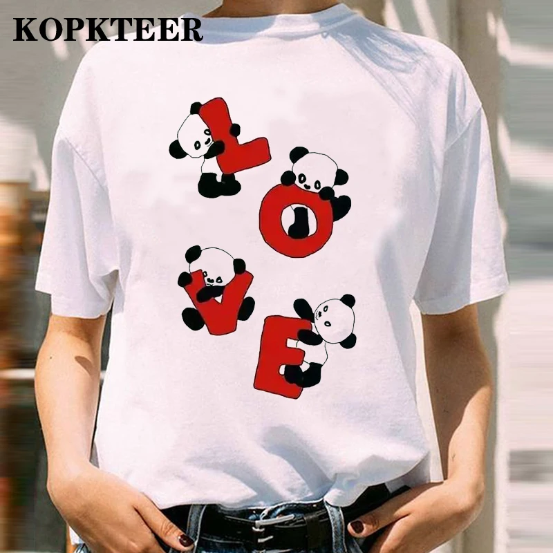 

Valentine Panda Cartoon Never Say No To Panda Tops Print T-shirt Casual Basis Crewneck Shirt Cartoon T-shirt Regular Tees