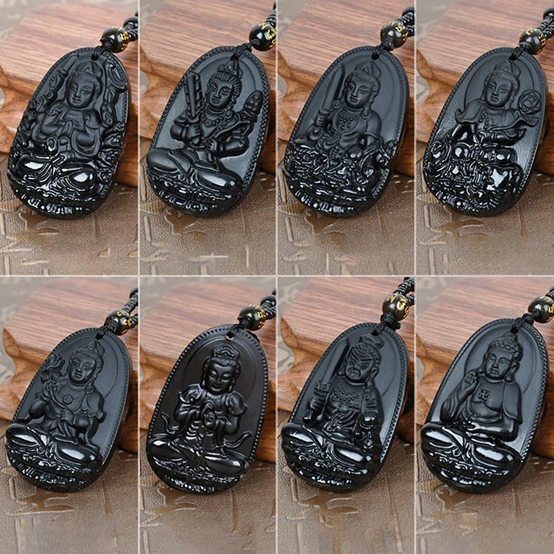 Ожерелье с подвеской amatorha черное обсидиановое резное Будда на удачу Амулет для