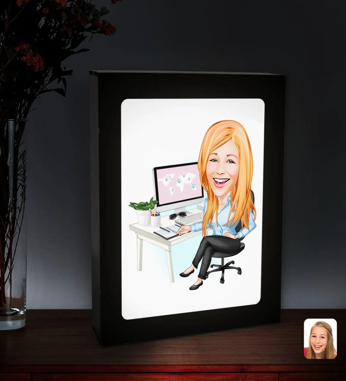 

Персонализированная Женская карикатура общего менеджера по светодиодам с деревянной подсветкой Çerçevesi-1