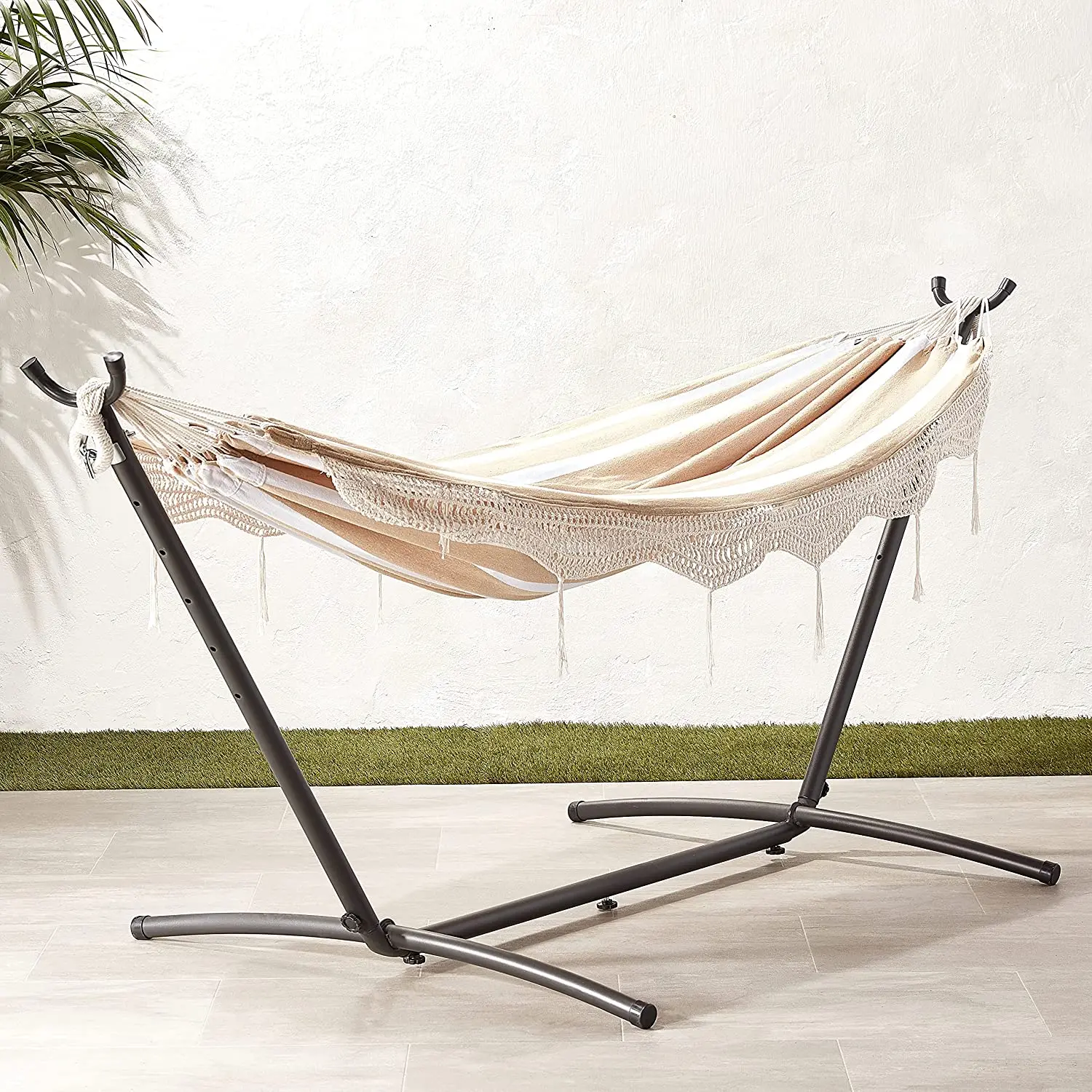 

Double Hammock with 9-Foot Space Saving Steel Stand and Carrying Case, Beige Stripe with Lace, 450 lb Capacity