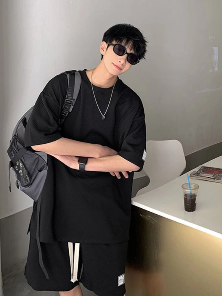 2023 Summer Unisex Asual Suit Men's Hong Kong Style Short SleeveT-shirt Korean Streetwear Casual Preppy Shorts Two Piece Set
