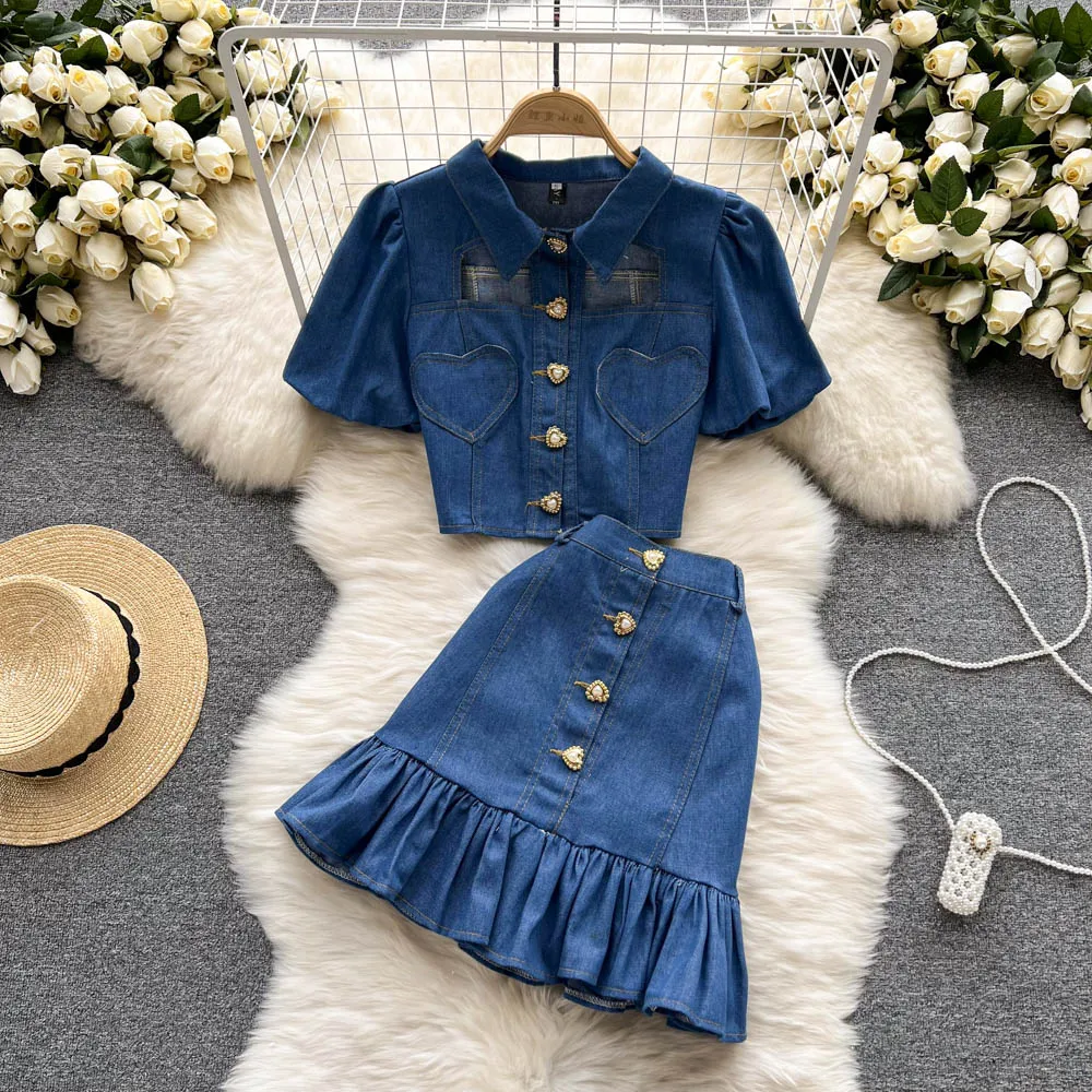 

French denim suit women's new summer short top + two-piece A-line skirt with high waist and buttocks SETS