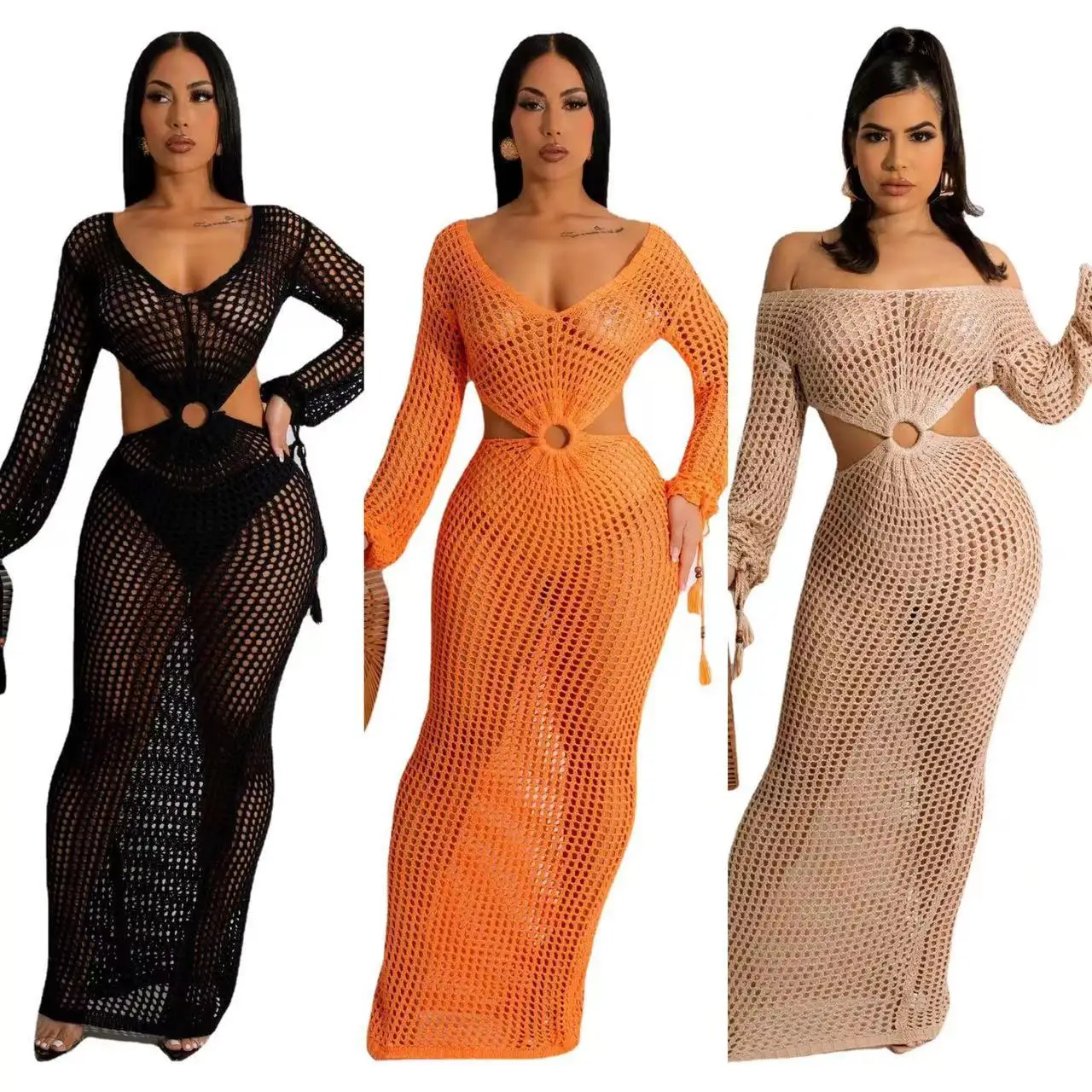 

Long Sleeve Beach Dress Women Crochet Beach Cover Up Sexy Cut Out Bikini Coverup Knit Beachwear Outfits Summer Beach Maxi Dress