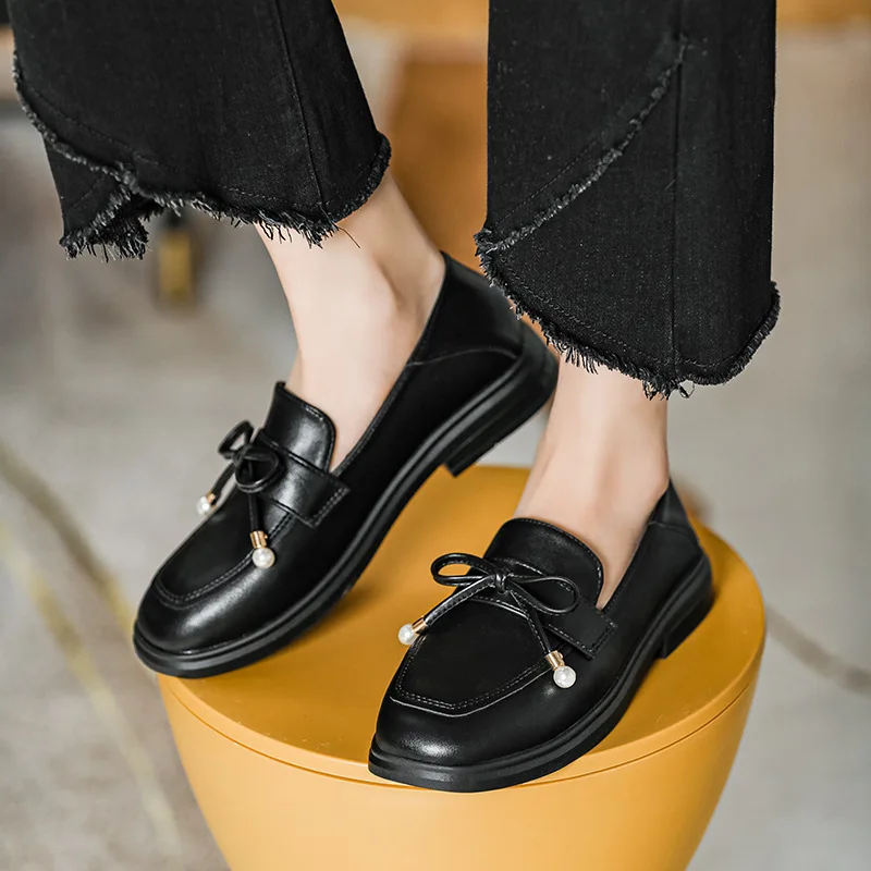 Winter Flats Oxfords Delicate Pearl Bowtie Loafers Women's Small Leather Shoes Ladies Office Dress Low Heels Mocasines 2022
