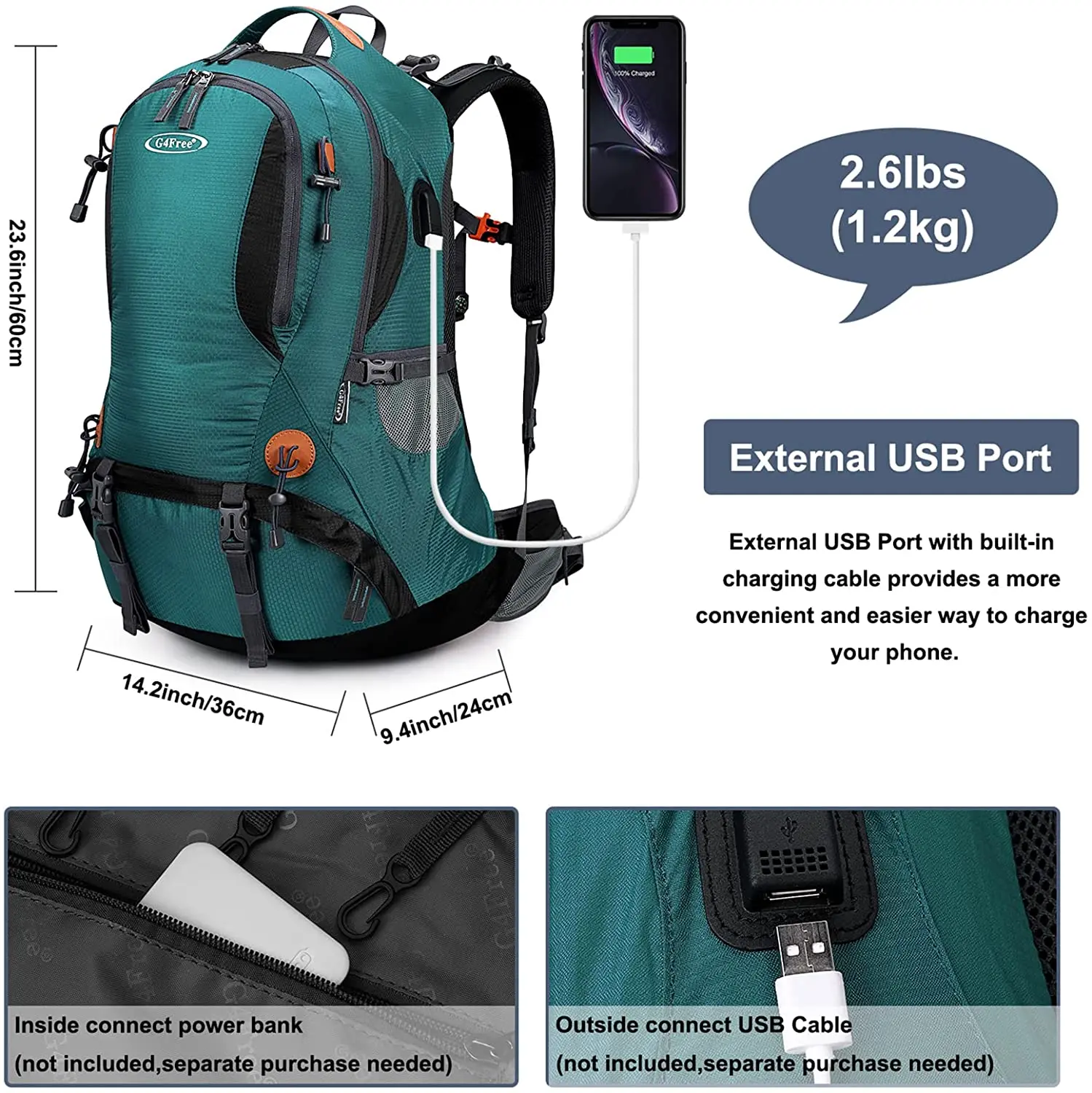 USB Rechargeable 50L Hiking Backpack Waterproof Backpack Outdoor Camping Mountaineering Backpack with Rain Cover Men Women