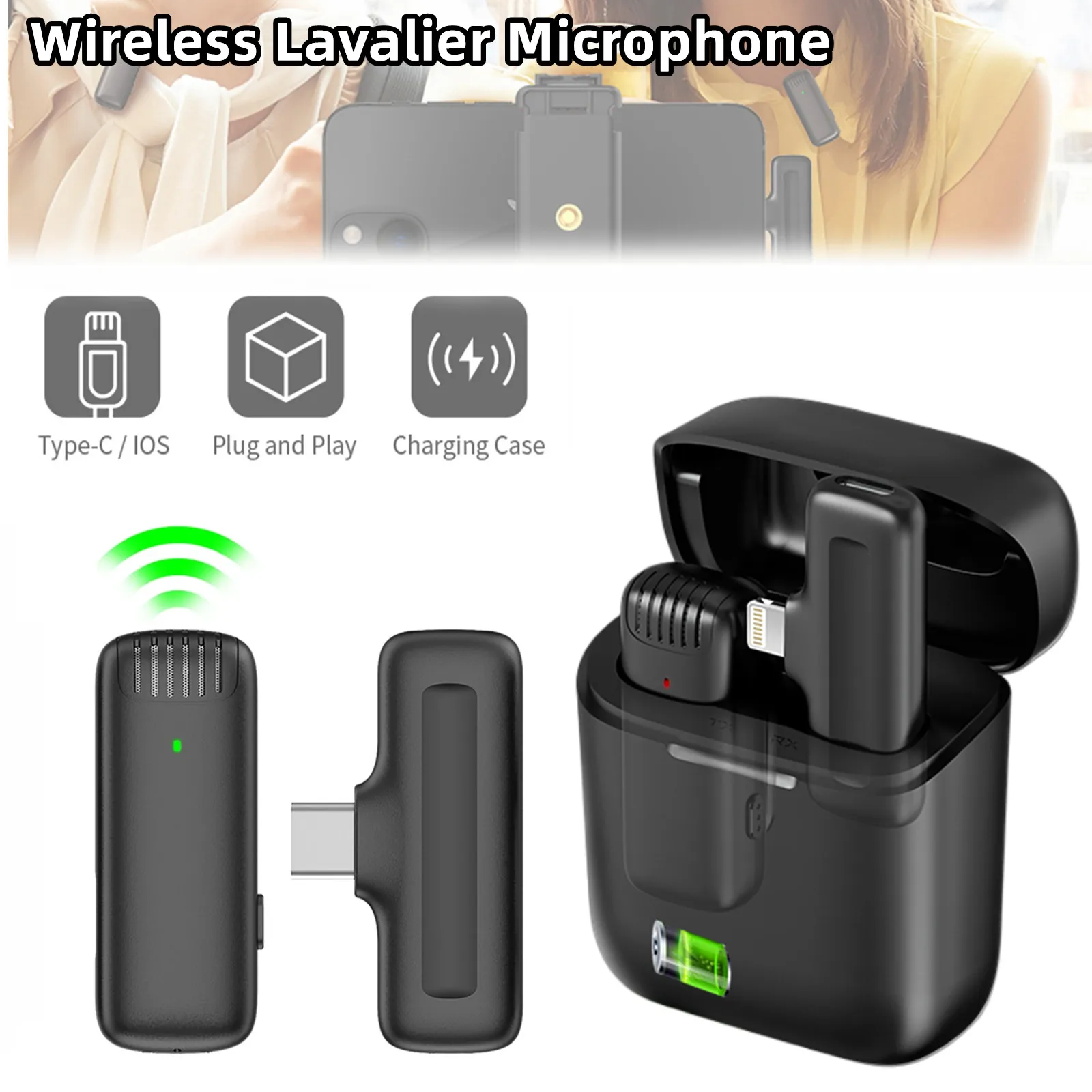 

Wireless Lavalier Microphone with Charging Case System Audio Video Voice Recording Mic for IPhone Android Mobile Phone Laptop
