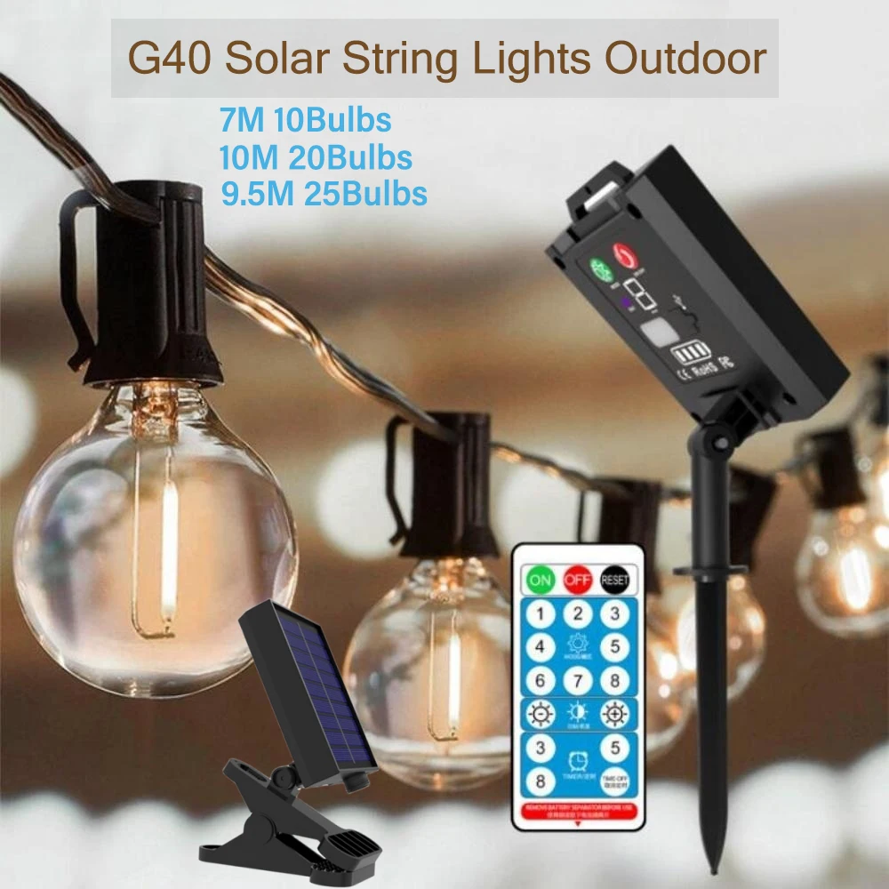 

G40 Solar String Lights Outdoor Patio Lights LED Solar Powered Waterproof Globe Hanging Lights With Shatterproof For Christmas