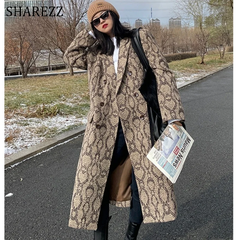 

Winter Coat For Women New Korean Coffee Snake Wool Design Sense Midi Length Long Loose Wool Coat Vintage British Overcoat