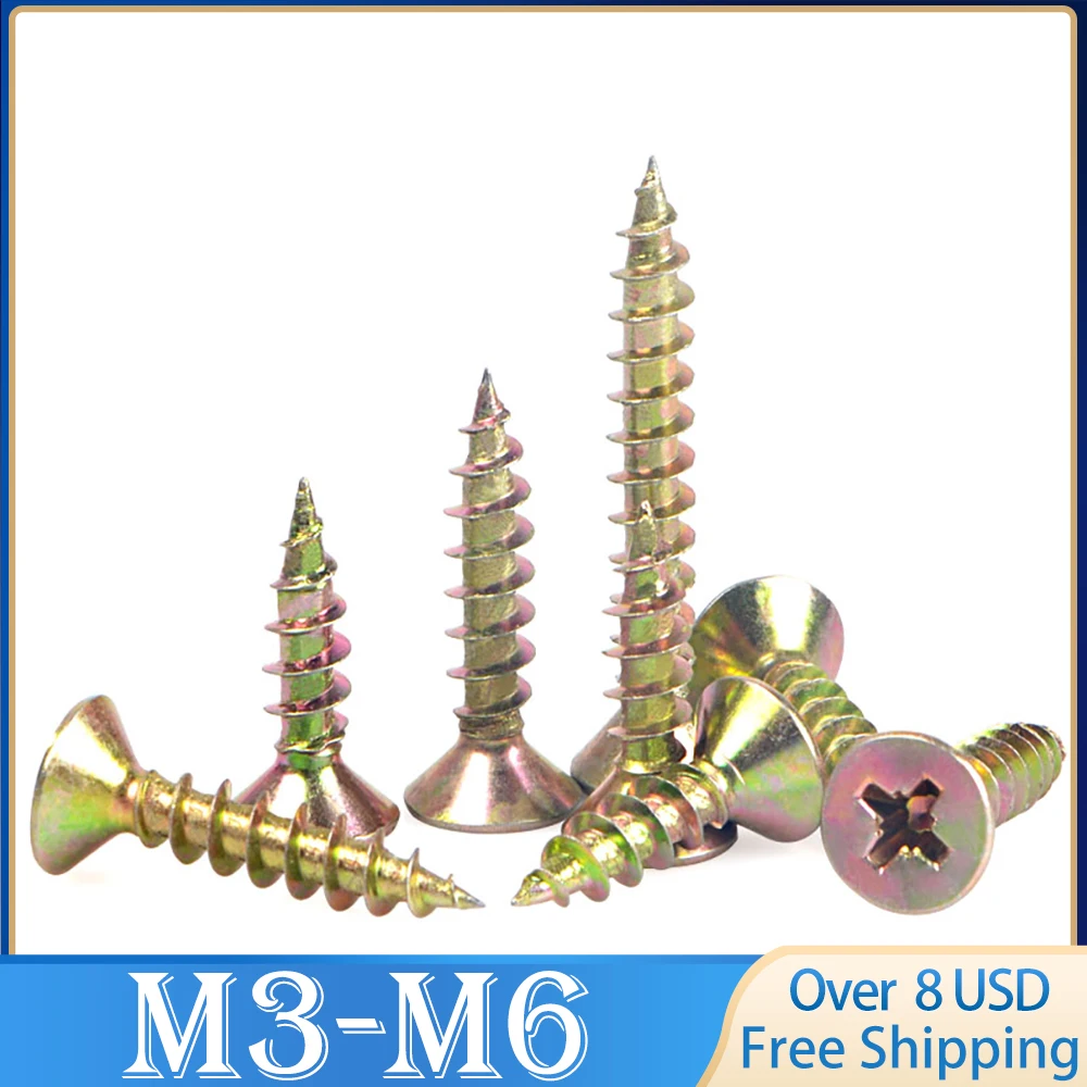

10 шт. M3 M3.5 M4 M5 M6 крестообразный встраиваемый потайной древесно-волокнистый щит из ДСП с плоской головкой Самонарезающий древесный винт с цин...