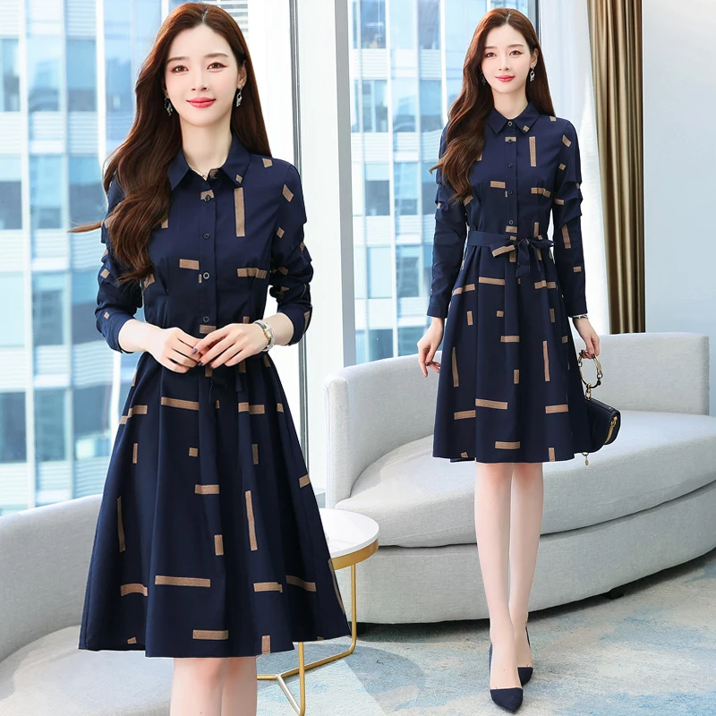 

Women's Dress Loose Printing Casual Fashion Long Sleeves Female Clothing Houthion A-LINE Button Knee-Length