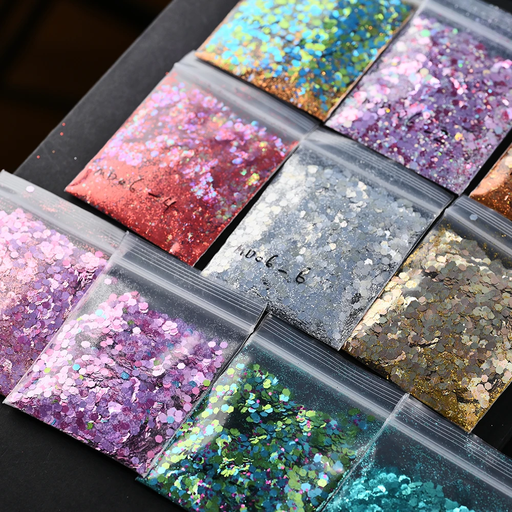 

10g/Pack Holographic Mixed Hexagon Shape Chunky Nail Glitter Gold Silver Sequins Laser Sparkly Spangle Gel Polish Paillette