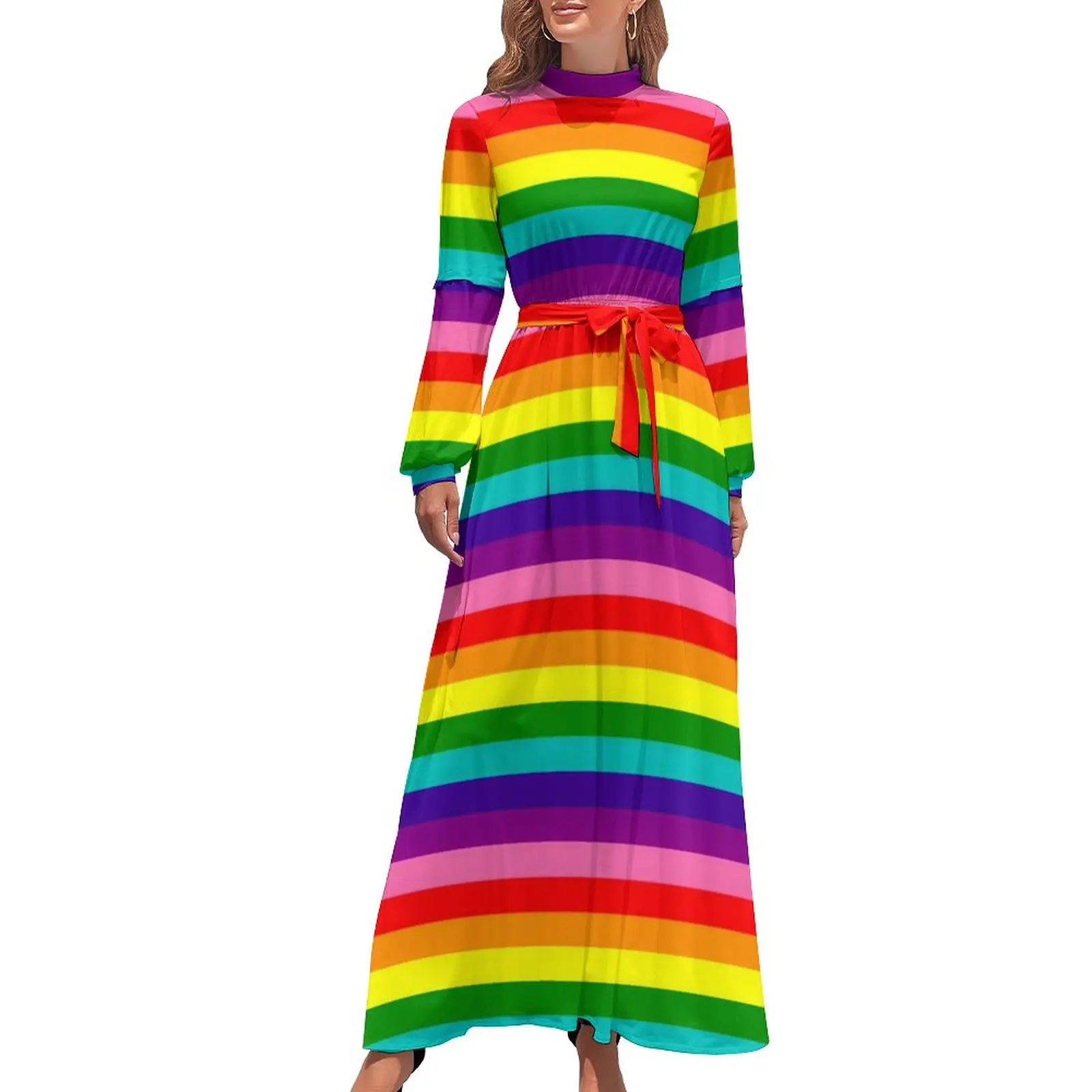 

Женское платье с флагом ЛГБТ, винтажное длинное платье с цветными полосками на заказ, длинные пляжные платья с высокой талией и длинным рукавом в уличном стиле