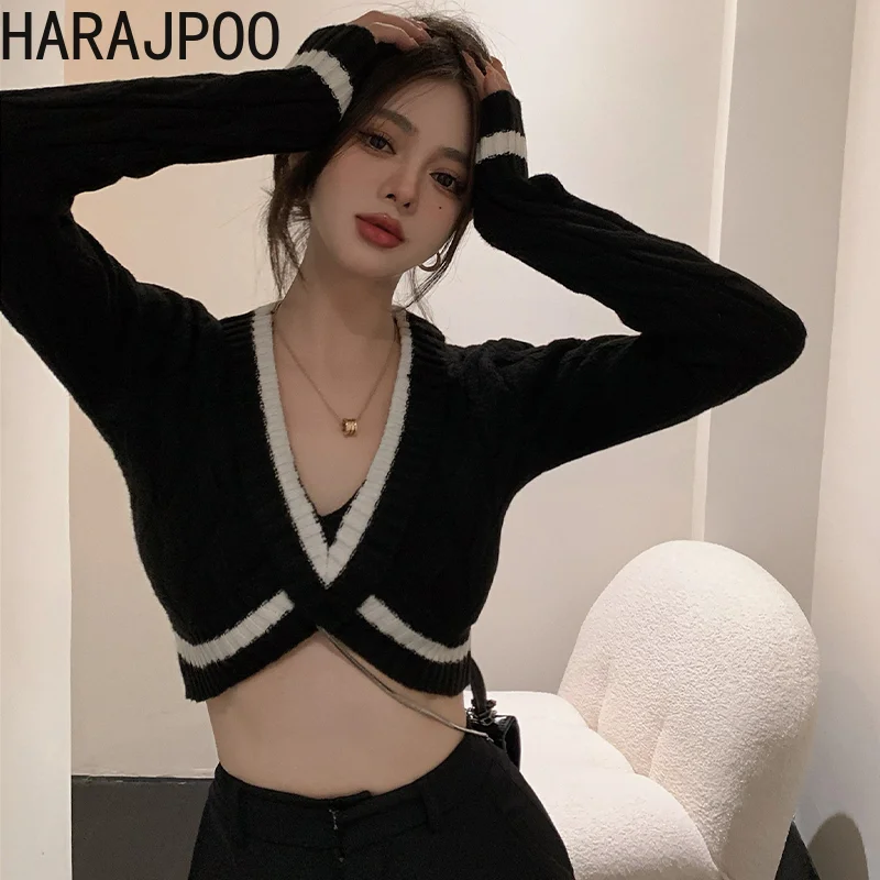 Женский короткий свитер Harajpoo Y2K Spice Girl контрастный с V-образным вырезом Осенний