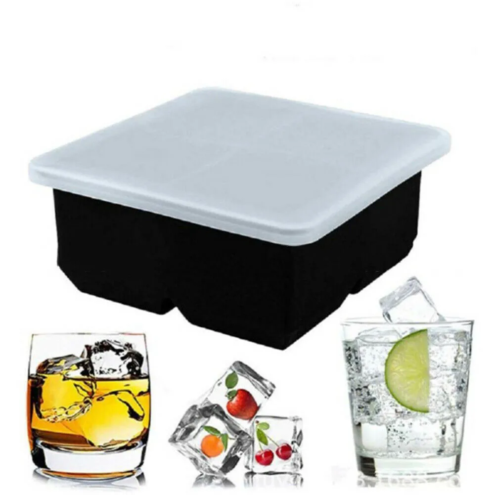 

4Grid Large Ice Making Cube Tray 11.5*11.5*5cm Mould Food Silicone Plastic Lid Home Freezer Recyclable