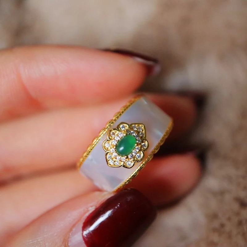 Rings For Women 925 Sterling Silver Rings Luxury Jewelry Female Vintage Natural White Shell Fritillary Emerald Agate Gemstone