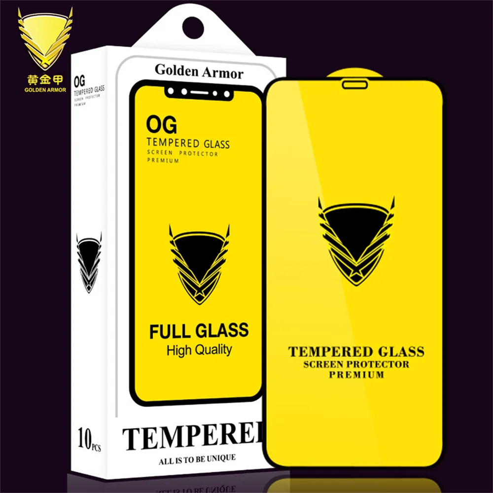 50Pcs Golden Armor Gold Full Glue Tempered Glass for iPhone 14 13 12 Pro Max 9H 0.3mm Full Cover Glass Screen Protector