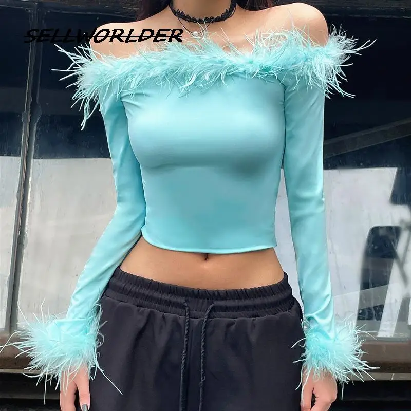 

Женская Повседневная рубашка 2023, тонкий однотонный синий топ с длинным рукавом и открытыми плечами и перьями для девушек