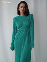 clacive fashion o neck green office womens dress 2022 elegant long sleeve pleated midi dresses casual slim black female dress