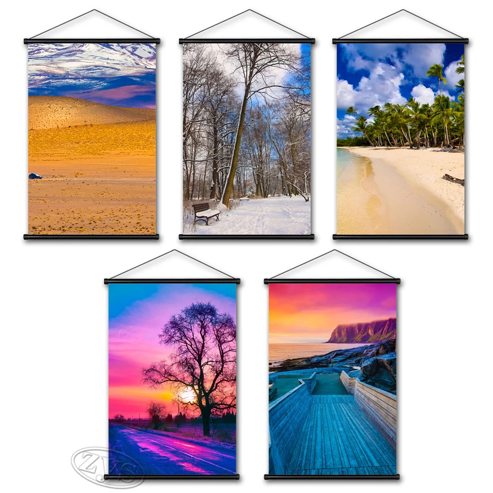 

HD Pint Landscape Posters Desert Canvas Wall Art Beach Painting Animal Hanging Scrolls Grassland Modular Picture Home Room Decor