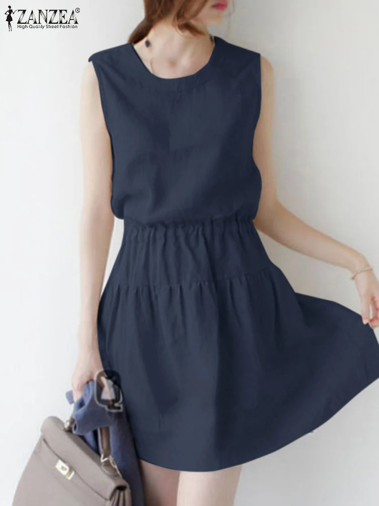 

Платье ZANZEA женское хлопковое без рукавов, модный элегантный Однотонный сарафан-трапеция для офиса, большие размеры, на лето