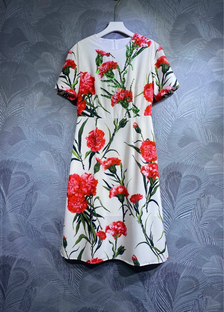 2023 Spring Summer Runways Women's High Quality Floral Print Beading Short Sleeves Dress C092