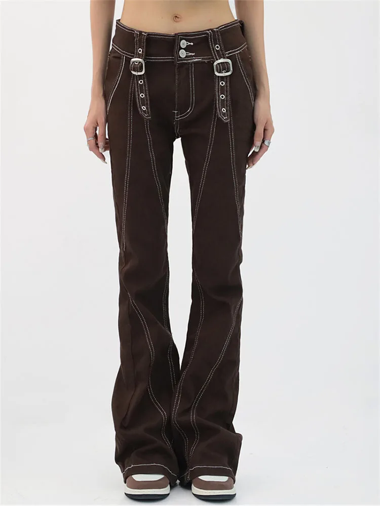 

Korean Style Harajuku Hot Mom Coffee Denim Jeans Y2K Grunge Vintage Low Waisted Pockets Skinny Flare Pants 2000s Retro Trousers