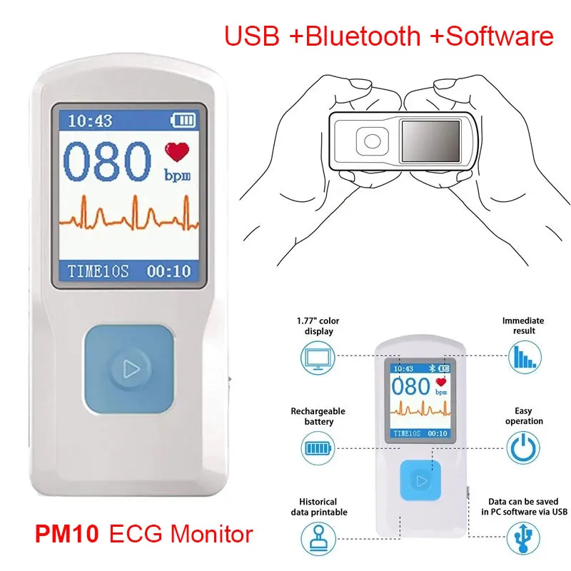 PM10 Handheld Bluetooth ECG Machine USB Rechargable EKG Monitor Portable LCD Heart Rate Meter ECG Detector Mobile App