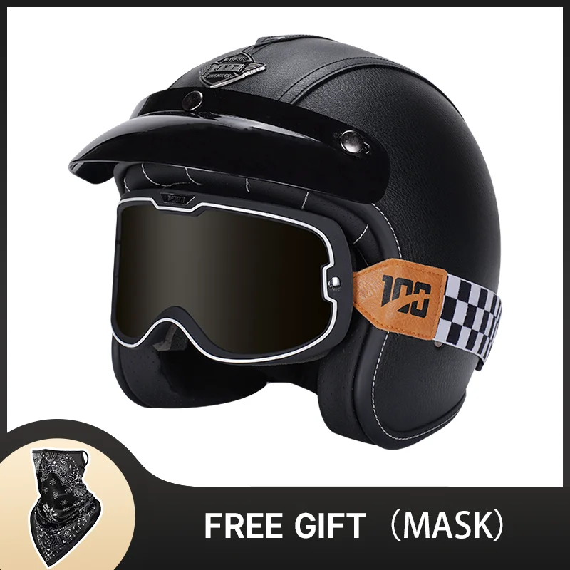 Мотоциклетный шлем из ПУ кожи с открытым лицом в винтажном стиле матовой черной