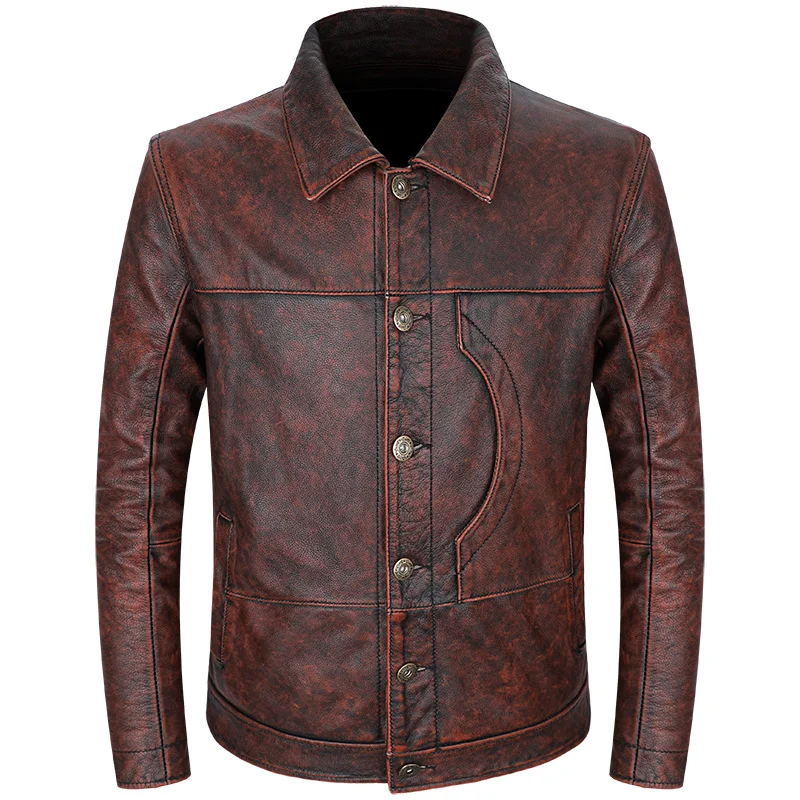 

Мужская короткая приталенная куртка, коричневый винтажный жакет из натуральной воловьей кожи, Классический Байкерский стиль, размеры 5XL, 2019