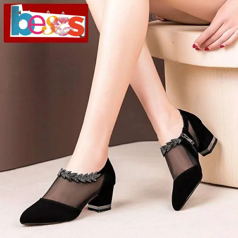 

Sexy Pointed Toe Women Chelsea Boots Block Heels Breathable Air Mesh Ankle Boots Ladies Short Boots Big Size 43 Botas Femininas