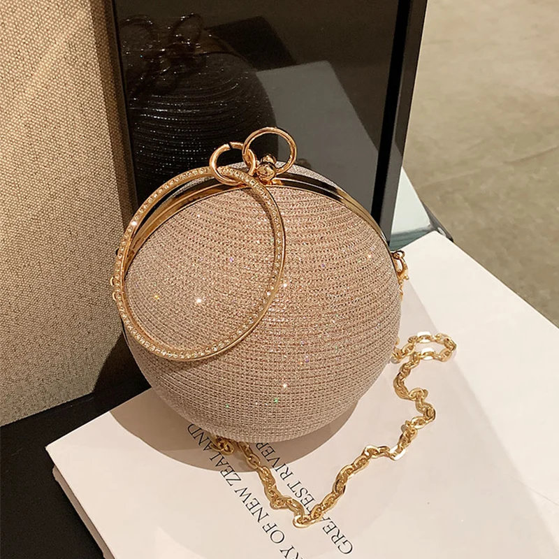 Ring Handle Rhinestones Evening Clutch Bag Gold Shiny Handbag And Purse Mini Small Baskball Crossbody Shoulder Bag For Ladies