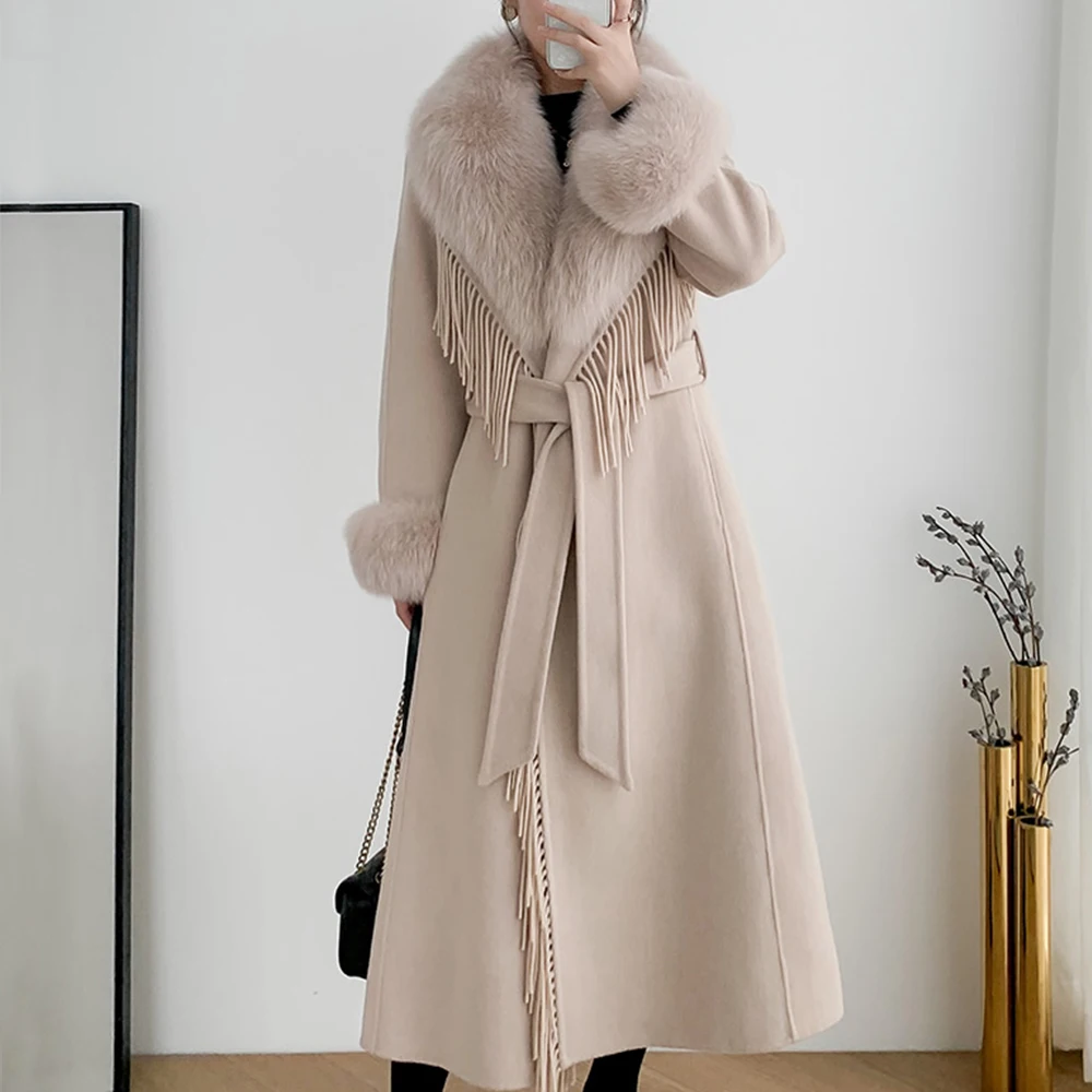 New Winter Women Cashmere Wool Jacket Real Fur Coat X-long Tassel Female Clothing Office Lady Overcoat Big Fox Fur Collar Belt