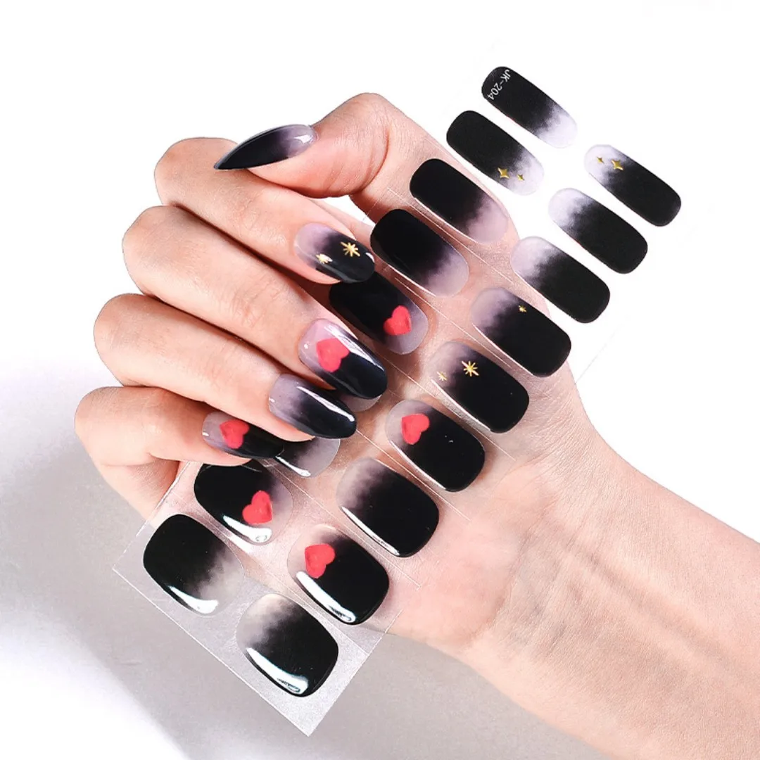 18/24Tips/Sheet Semi Cured Gel Nail Stickes Adhesive Sliders Cool Blacke Heart Nail Art Wraps UV Lamp Needed