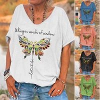 women fashion t shirt summer v neck short sleeve tee shirt butterfly print tops ladies loose t shirt