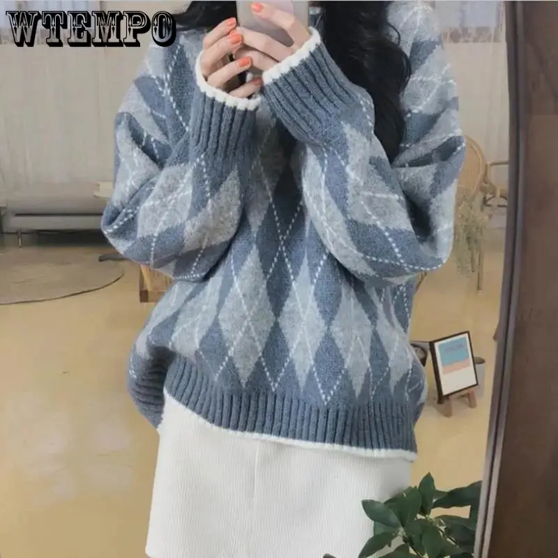 

WTEMPO Women's Knitted Sweater O-Neck Loose Sweater Fashion Korean Academy Style Women's Jumper Tops Pull Femme Hiver 2022