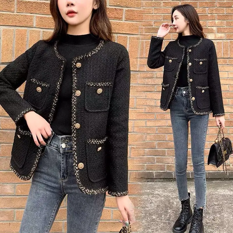 

New High Quality Fashion Jackets Women Black Tweed Jacket Pockets Golden Buttons Elegant Coats Spring Autumn Women Clothes E201